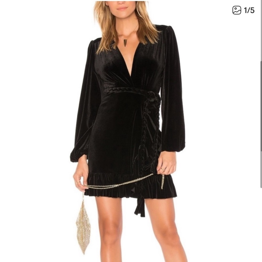Misa Los Angeles Black Velvet Wrap Dress with Braided tie side Size Large